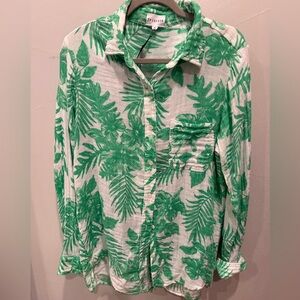 Rails Green Palm Print Button-Down Shirt and elastic waist skirt.